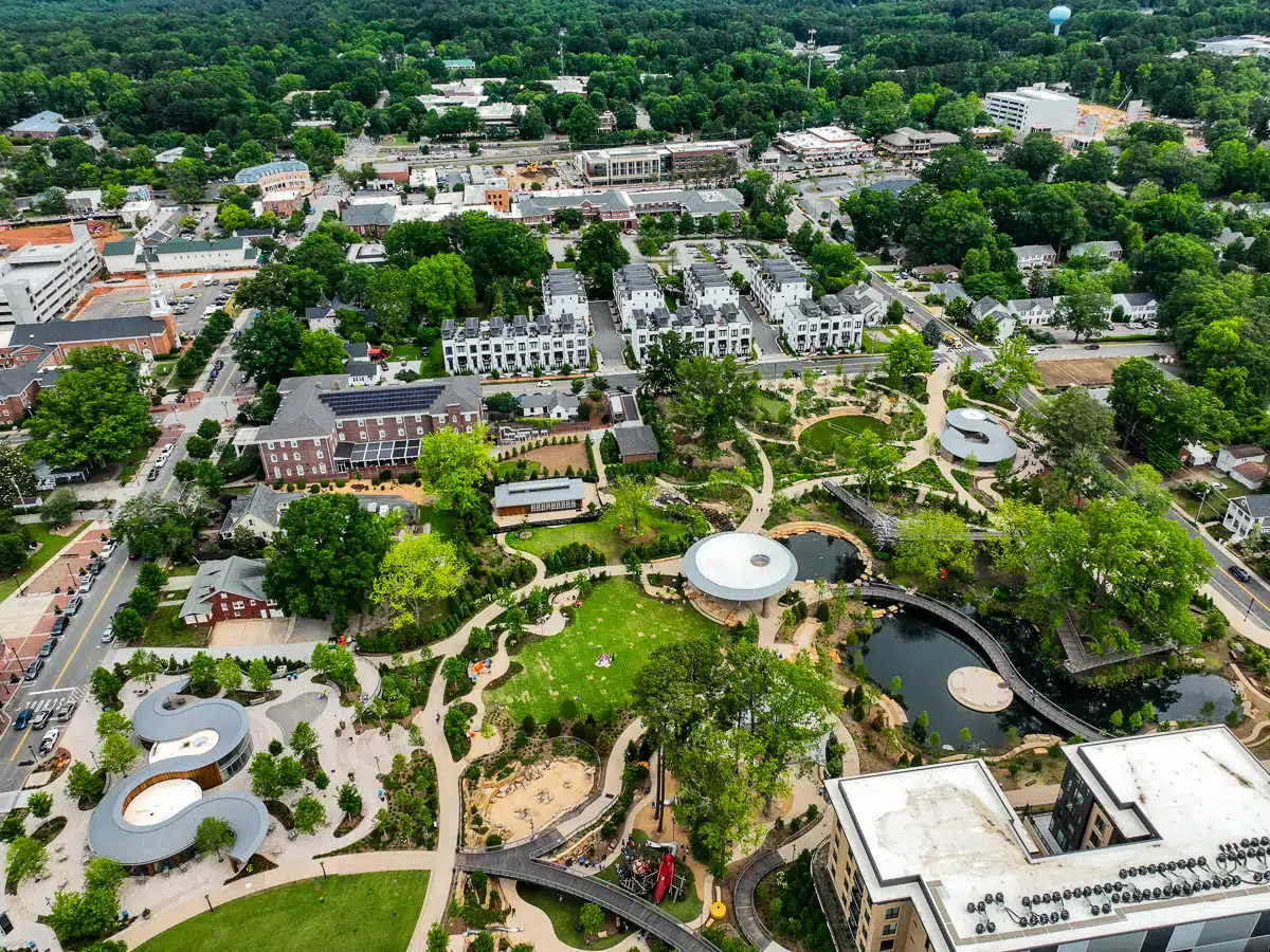 Aerial view of Downtown Cary Park, showcasing its extensive renovation and sprawling size.