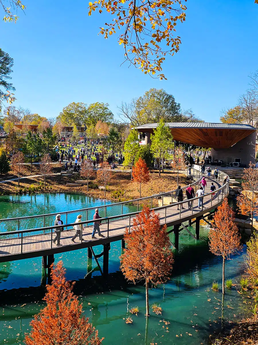 The elevated boardwalk at Downtown Cary Park, illustrating the park's innovative design.